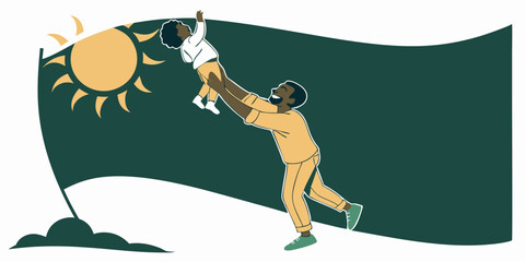 15 June, 2025  fathers day Fathers hand holding his little child in sunny day outdoor, united family and happy childhood concept, banner format with copy space in green background
