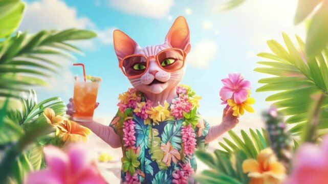 Sphynx cat wearing hawaiian shirt and sunglasses holds a tropical drink and flower lei. Sunny summer holiday concept for beach or vacation related content.