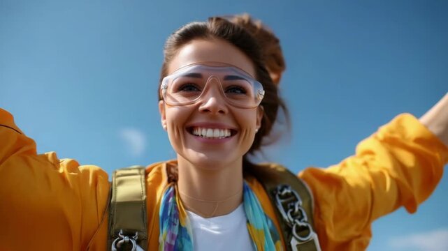 Caucasian woman smiling and wearing goggles outdoors with arms outstretched celebrating freedom and adventure. Happy feeling for thrill seeker and extreme sports concept.