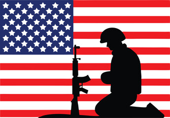 Silhouette of a kneeling soldier with a rifle before the american flag a tribute to fallen soldiers