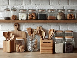 Fototapeta premium Immerse yourself in a sustainable kitchen setup, featuring reusable tools and clear glass jars