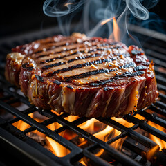 Juicy Grilled Steak with Char Marks and Smoke on Hot Flame Grill, Perfect Barbecue Meat Cooking for Outdoor Summer BBQ