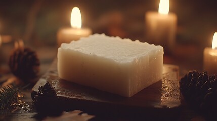 Handmade soap bar on wooden board with candle lights and pine cones background