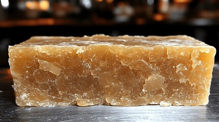 Macro close-up of unrefined brown sugar cane in a block shape delicacy
