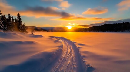 Fototapeta premium Beautiful sunset over a snowy landscape, showcasing nature's serene winter beauty.