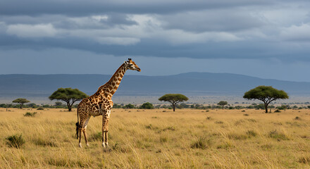 Obraz premium a giraffe standing in a vast savanna