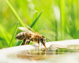 A striped honeybee delicately sips water from a shallow pool on a bright day, its wings slightly...