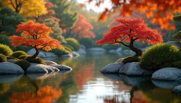 Autumn Japanese garden with red maple trees, pond, rocks. Nature landscape, serene scenery at park. Calm water reflects trees. Fall season, colorful foliage, outdoor travel, zen calm mood.