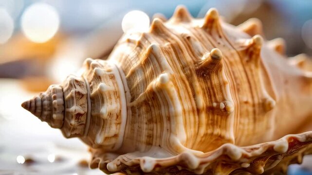 Close up on a textured seashell with intricate patterns and a natural color palette resting in shallow water by the beach