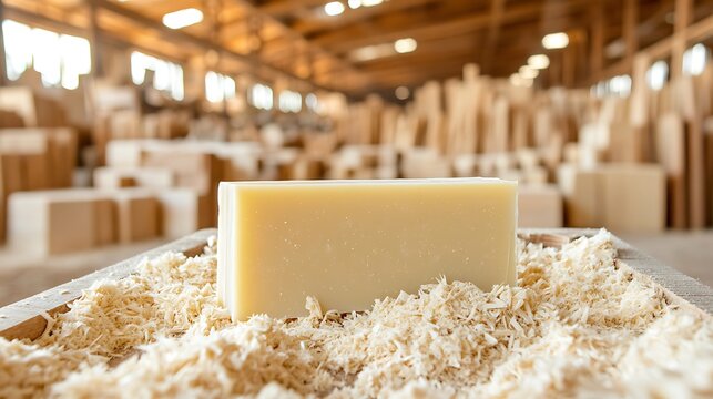 Handmade soap on natural wood shavings in a rustic workshop environment