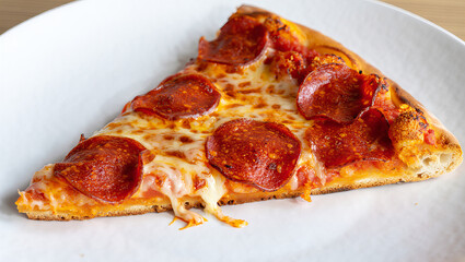 Slice of Pepperoni Pizza with Melted Cheese on White Plate, Classic Italian Fast Food Snack