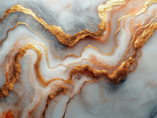 Stunning abstract design featuring swirling patterns of gold and white with hints of orange, resembling marble or agate. luxurious texture and vibrant colors create sense of elegance and opulence