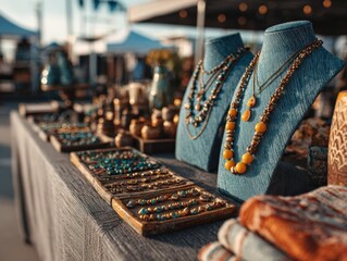 Visualize a pop-up market showcasing handcrafted jewelry, clothing, and pottery
