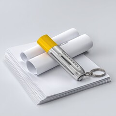 Compact, metallic flash drive with a vibrant yellow accent, resting on a stack of white papers.  A key ring is attached