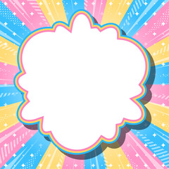 サンバーストとフレームの背景、集中線とキラキラのデコレーション、ポップなデザイン、雲型のフレーム、正方形サイズ