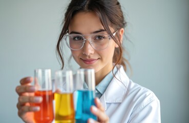Smiling woman scientist holds beakers with colorful liquids in science lab. Caucasian female researcher in white coat wears safety glasses, conducts chemistry experiment. Science, technology,
