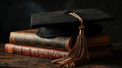 Close-up shot of graduation cap with tassel gently draped over vintage textbooks, dark moody lighting, classic academic success symbolism