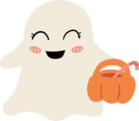 Cute happy ghost holding pumpkin bucket with candy, smiling with blushing cheeks in Halloween theme