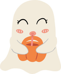 Cute ghost character holding orange pumpkin drink with straw, smiling happily with blushing cheeks and closed eyes
