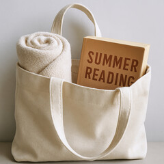Canvas Tote Bag with Rolled Towel and Book Titled “Summer Reading,” Minimalist Beach Essentials Concept on Light Background