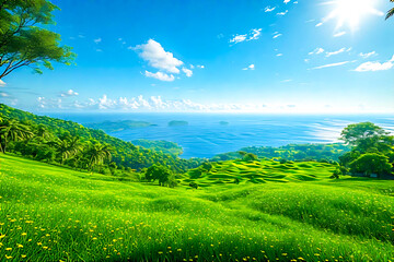 The serene beauty of nature surrounded by lush trees, lush green meadows, colorful flowers, majestic mountains, and calm rivers under the clear sky, symbolizes beauty and peace.