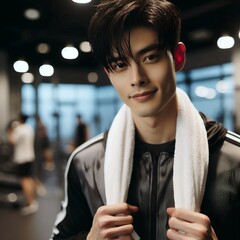 Young Asian Man Smiling in Gym with Towel Over Shoulder for Active Lifestyle and Fitness Motivation with Generative AI.
