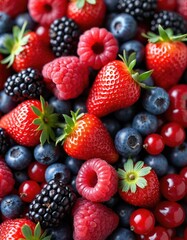 Fototapeta premium Colorful assortment of fresh summer berries including strawberries, raspberries, blueberries, blackberries, red currants. Ripe juicy fruits, healthy snacks, vegetarian, vegan, diet concept. Overhead
