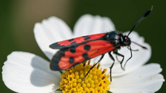 Close-up of Zygaenidae Moth Resting on White Flower in Natural Sunlight
