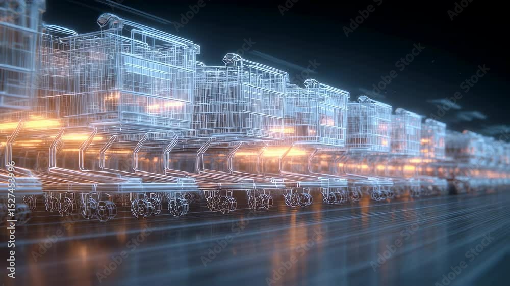 Wall mural wireframe shopping carts with glowing orange lights inside move endlessly on a dark reflective surfa