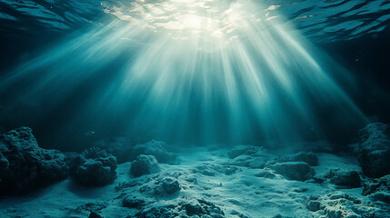 Obraz premium Underwater Sun Rays Shining Through Ocean Water 