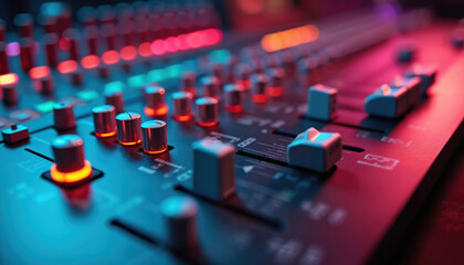 Close-up modern sound engineering desk with illuminated controls. Audio mixing device for music production, recording studio, electronic digital technology. Controls, sliders, knobs, faders create