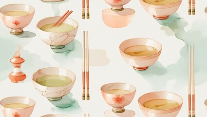 Seamless watercolor pattern of Japanese rice bowls, chopsticks, miso soup, and tea cups in soft minimal tones with clean white background