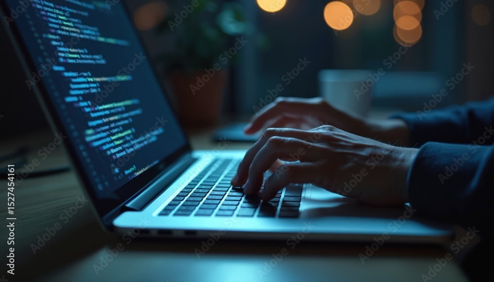 Poster hands typing code on laptop. programmer working on software. cyber security concept, data protection