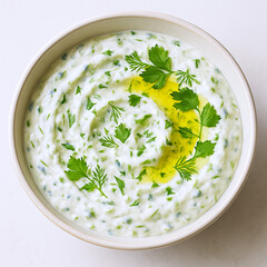 Creamy Herb Dip with Fresh Parsley and Olive Oil Swirl in White Bowl, Healthy Appetizer and Snack Sauce