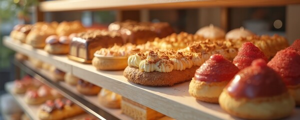 3D close-up of a bakery shelf with gourmet pastries, desserts. Variety of eclairs, cakes and tarts. Hand-crafted items, perfect for food lovers, sweet treats. Delicious shop display.