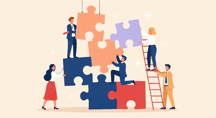Team Collaborating to Assemble Oversized Jigsaw Puzzle – Flat Illustration of Problem Solving and Teamwork