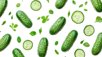 Fresh cucumbers sliced and whole Transparent background, PNG file
