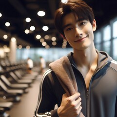 Young Asian Man Smiling in Gym with Towel Over Shoulder for Active Lifestyle and Fitness Motivation with Generative AI.