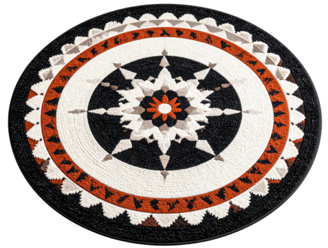  Bold Patterned Round Rug with Geometric Motifs, Transparent Background.