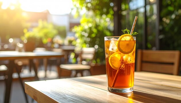 Refreshing iced tea with lemon on a sunlit outdoor cafe table