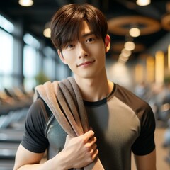 Young Asian Man Smiling in Gym with Towel Over Shoulder for Active Lifestyle and Fitness Motivation with Generative AI.