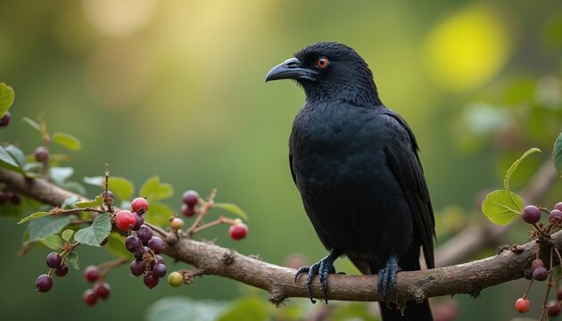 Asian koel bird perches tree branch with fruits. Black bird with dark eyes, vibrant colours. Ornithology wildlife portrait. Nature background, beautiful natural colours, spring season theme.