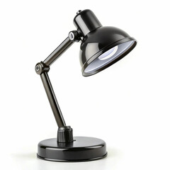 A sleek black desk lamp on a white background, symbolizing
