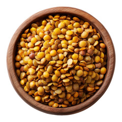 Yellow lentils in rustic wooden bowl, from above isolated on white transparent background. Concept of natural, healthy, organic food