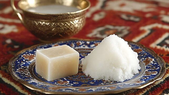 Traditional Central Asian Foods: Kurt, Butter and Kumis with Gold Ornament