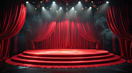 Magic theater stage with red curtains and spotlight, perfect for event promotions and theatrical designs.
