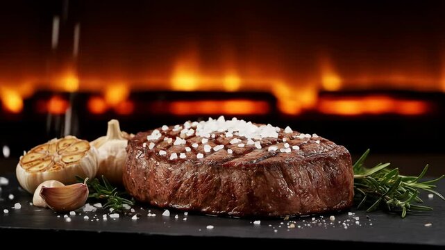 Grilled steak with spices and garlic near fireplace