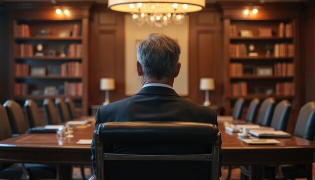 Mature businessman sits at conference table in office, back towards camera. Grey hair, dark suit. Business executive, CEO manager in meeting room. Corporate management, finance pro. Modern work