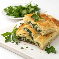Cheese and spinach burek with parsley isolated on white background