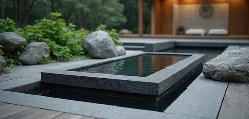 Modern Japanese garden design. Tranquil water feature with stone borders, pool. Zen rock garden style exterior. Minimalist, peaceful. Modern home architecture, exterior design. Nature, calm, spa